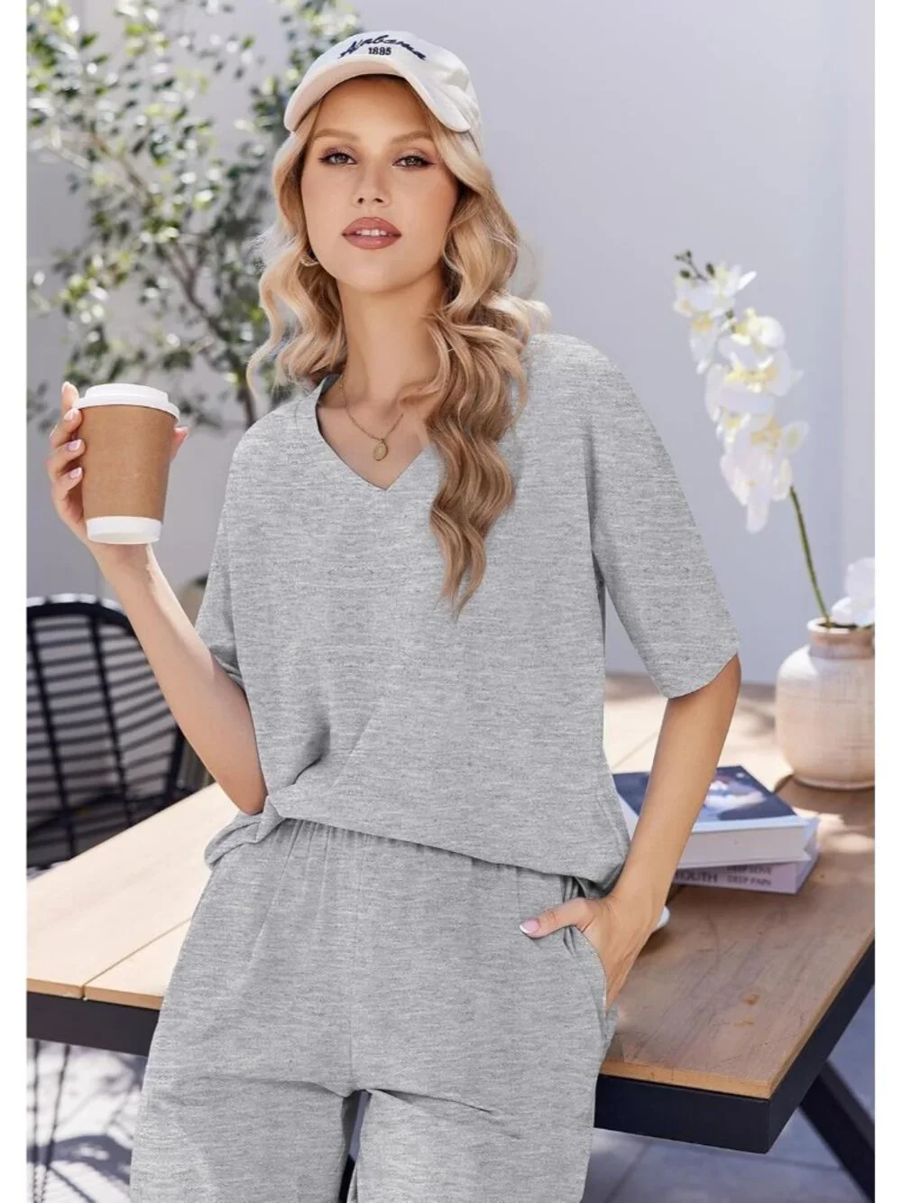 Women's Light Grey Cotton Short Sleeve Sleepwear Pant Pockets Pajama Set